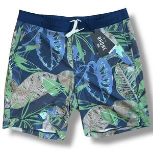 Rhone Trunks‎ Mens M Blue Floral Barrier Swim Shorts Birds Parrot Tropical Lined